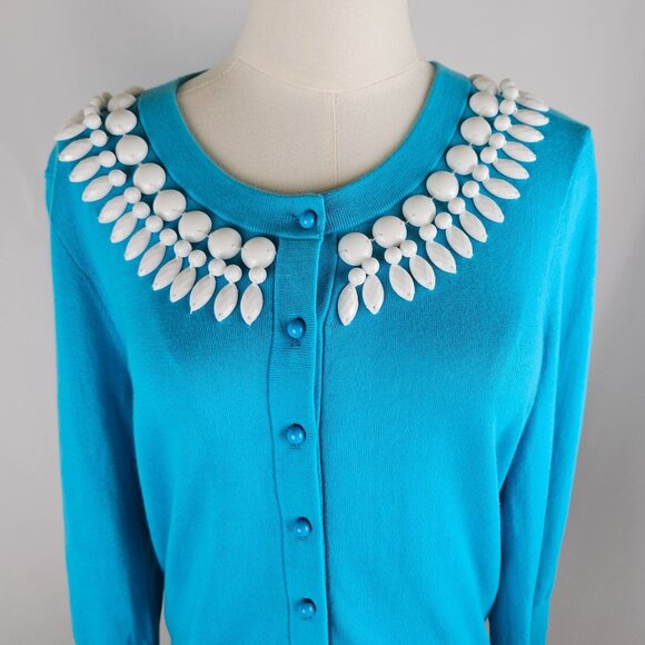 Kate Spade Katie Cardigan Sz Medium White Beading on Turquoise Preppy ASOTV Glee - Picture 3 of 11